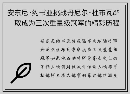 安东尼·约书亚挑战丹尼尔·杜布瓦争取成为三次重量级冠军的精彩历程